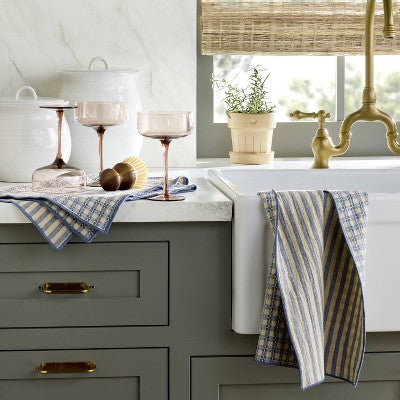 2ct Reversible Textured Gingham/Stripe Kitchen Towel Set Blue/Natural - Hearth & Hand with Magnolia