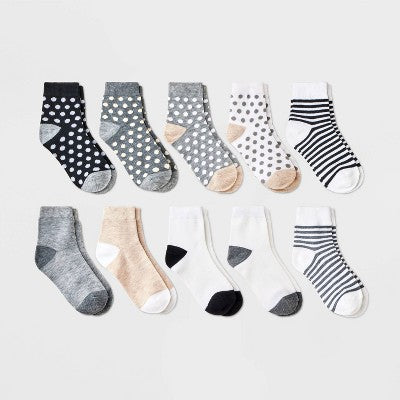 Girls' 10pk Lightweight Ankle Striped & Dotted Socks - Cat & Jack Gray S: Recycled Polyester, Banded Cuff