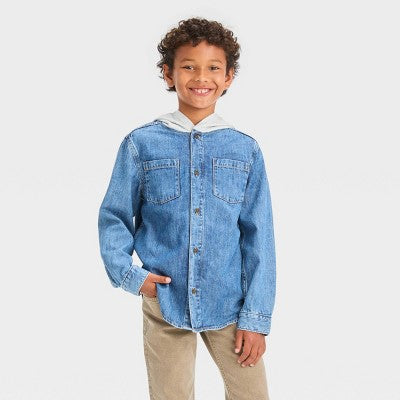 Boys' Long Sleeve Hooded Shacket Medium Wash M: Lightweight