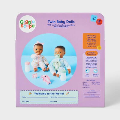 14" Boy Girl Twin Baby Dolls - Dark Brown Hair + Brown Eyes - Gigglescape