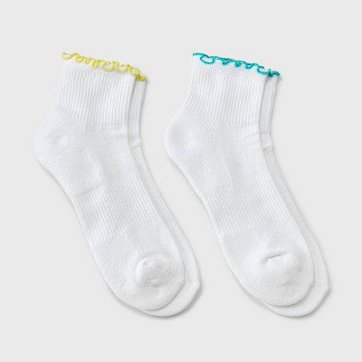 Women's Lettuce Edge Cushioned 2pk Ankle Socks - JoyLab White/Turquoise/Yellow 4-10
