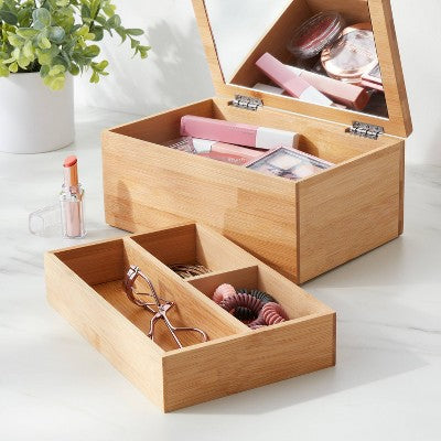 9" x 6" Rectangular Countertop Organizer with Mirror - Brightroom: Bamboo Bathroom Tray & Jewelry Storage
