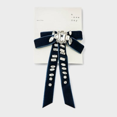Velvet Double Bow Hair Barrette with Clear Stones - A New Day Navy