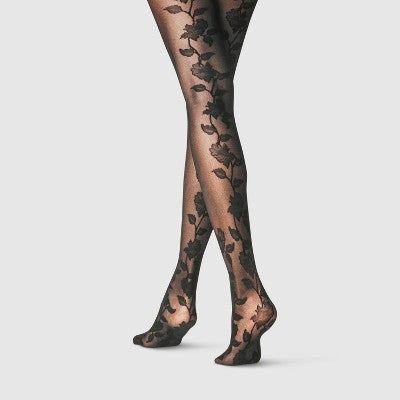 Women's Floral Back Tights - A New Day Black M/L