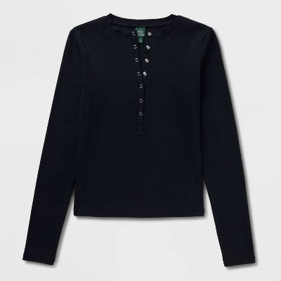 Women's Long Sleeve Ribbed Henley Shirt - Wild Fable Black XXS