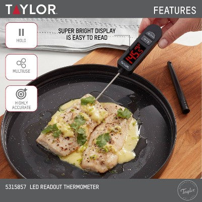 Taylor Digital LED Kitchen Meat Cooking Thermometer Black: Instant Read, Oversized Display, -40 to 450F, Battery Included