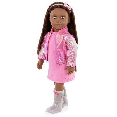 Our Generation Splash of Pink Metallic Bomber Jacket & Dress Outfit for 18'' Dolls: Girl's Doll Clothing for Home and Family