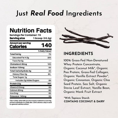 Just Ingredients Vanilla Bean Protein Mix - 17.5oz - 15 servings: Non-Caffeinated Powder, Sports Drink