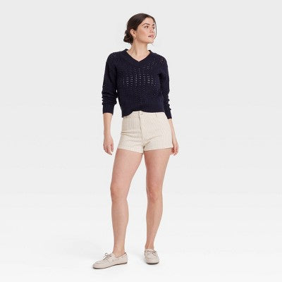 Women's High-Rise Sailor Denim Shorts - Cream Striped 4