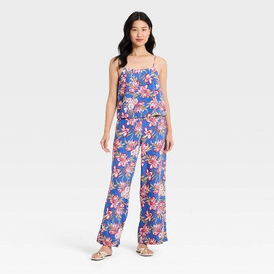 Women's Resort Linen Cami Tank Top - A New Day Blue Floral L