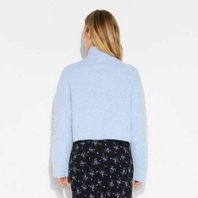 Women's Full Zip Mock Turtleneck Cardigan - Light Blue M