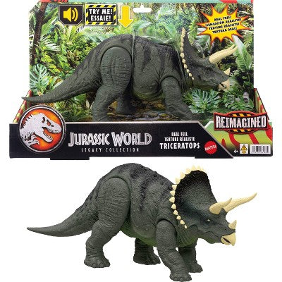 Jurassic World Reimagined Real Feel Triceratops Roaring Dinosaur Figure, 90s Inspired Toy
