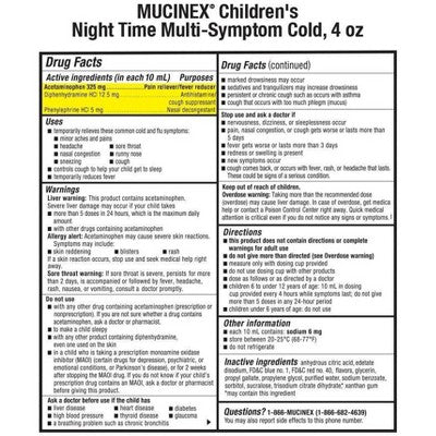 Mucinex Children Multi Symptom Cold Nighttime Liquid Berry Flavor Childrens Cold Relief Liquid, 4 Oz
