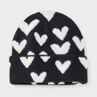 Girls' Knitted Heart Beanie Hat - Cat & Jack Black/White