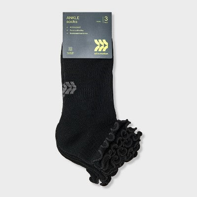 Women's Cushioned Ruffle 3pk Ankle Socks - All In Motion Black 4-10: Arch Support, Knit Fabric
