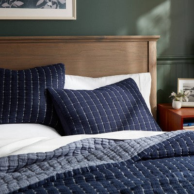 Standard Yarn Dye Crinkle Grid Quilt Sham Navy Blue/Ivory - Threshold: Cotton Weave, OEKO-TEX Certified, Machine Washable