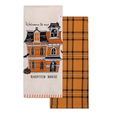 2pk Haunted House Printed and Plaid Dish Kitchen Towel - Bullseye's Playground