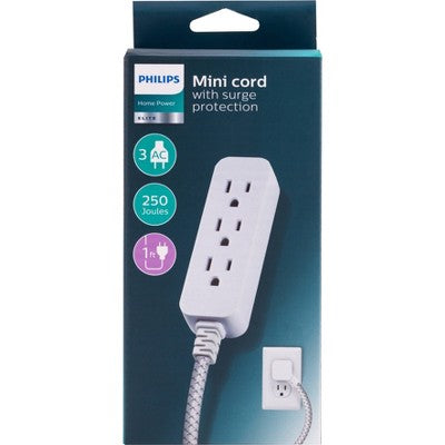 Philips 3-Outlet Surge Protector with 1 Ft. Extension Cord, Gray and White: Short Cord