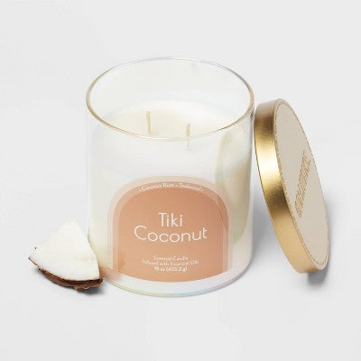 2-Wick Glass Jar 15oz Candle with Iridescent Sleeve Tiki Coconut - Opalhouse: Teakwood & Rum Aroma, 50hr Burn Time