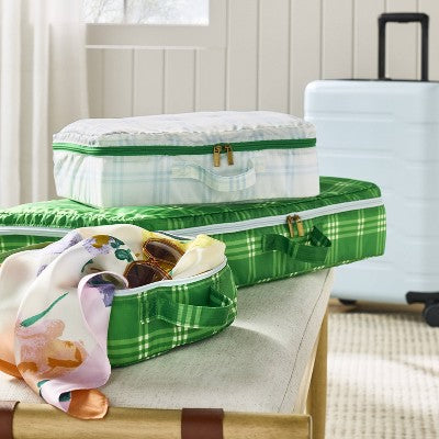 Tri-Stripe Plaid Packing Cubes Cream/Light Blue/Green (Set of 3) - Hearth & Hand with Magnolia: Travel Organizer, Zippered Polyester Cubes