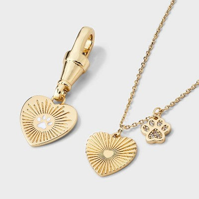 14k Gold Dipped Cubic Zirconia Heart and Paw Necklace with Paw Charm 2pc Set - A New Day Gold