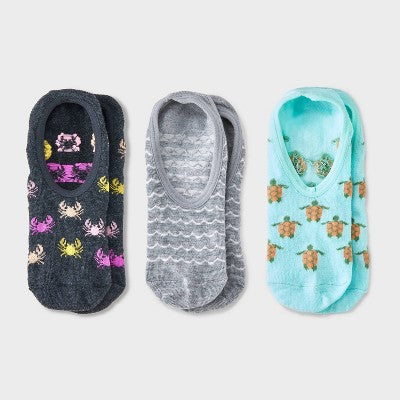Women's Sea Life 3pk Liner Socks - Charcoal Heather/ Heather Gray/Aqua 4-10