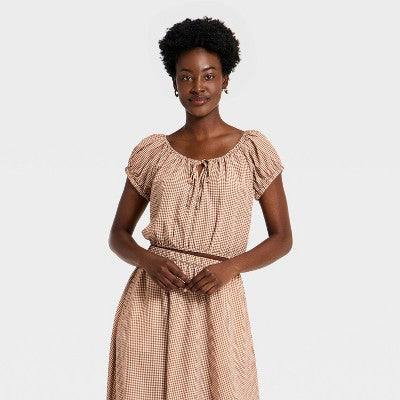 Women's Short Puff Sleeve Tie Top - A New Day Brown Gingham XL