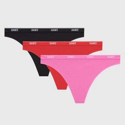 Hanes Women's 3pk Moves Thong - Black/Pink/Red L: Seamless, Lightweight Nylon-Spandex Blend, Low Rise, Full Waistband Elastic