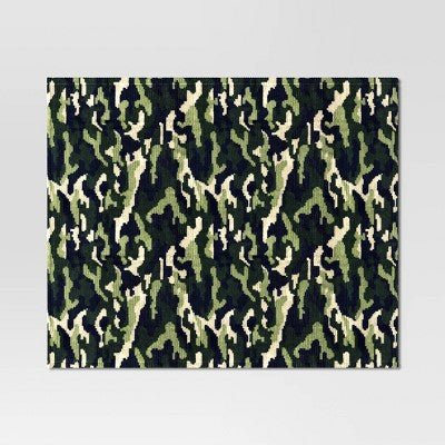 Printed Camo Ribbed Plush Throw Blanket Navy/Dark Green/Neutral - Room Essentials