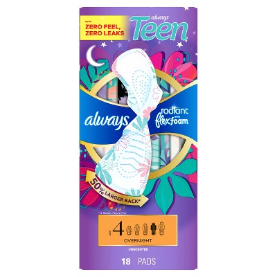 Always Radiant Teen Overnight Menstrual Pads - Size 4 - Unscented - 18ct