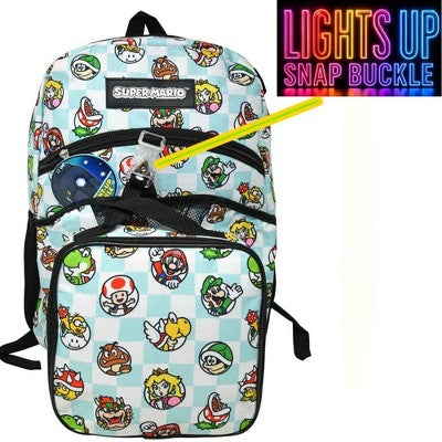 Super Mario 17" School Backpack With a matching Lunch Bag, a Light Up Snap Buckle, and a large front Pocket