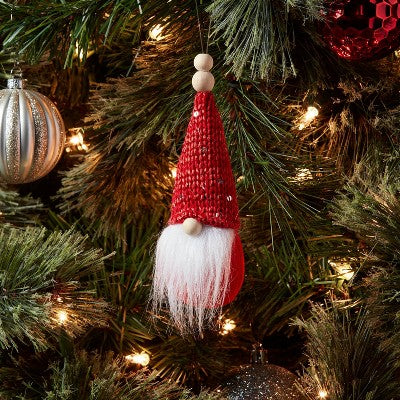 Gnome with White Beard Wearing Sequined Knit Hat Christmas Tree Ornament Red - Wondershop