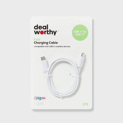 3' USB-C to USB-C Charging Cable - dealworthy White: Male-To-Male Connection