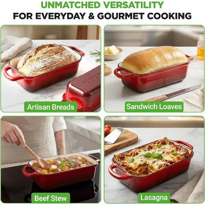 NutriChef Cast Iron Loaf Pan – 2 Quart with Lid & Silicone Gloves - NCCIELF2RD (LOCAL PICKUP ONLY)