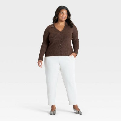 Women's Ribbed Cardigan Sweater - A New Day Brown 2X