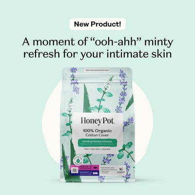 Honey Pot 100% Organic Cotton Cover Cooling Regular Overnight Duo Pads - 16 ct