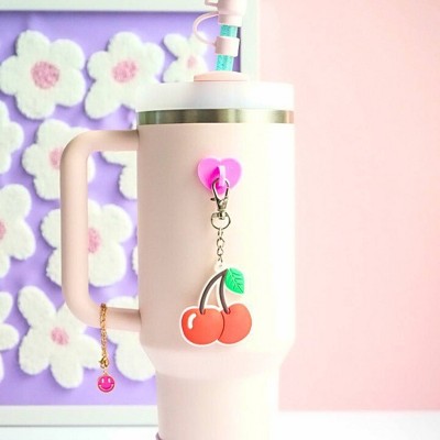 CharCharms Cherry Water Bottle Charm with Stick-On Hook Bundle: Drinkware Accessory, Dishwasher-Safe, Keychain Hook
