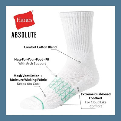 Hanes Men's 4pk Crew Socks Pack, Absolute Comfort, Cushioned Performance Socks for Men - Blue/Orange/Black 6-12