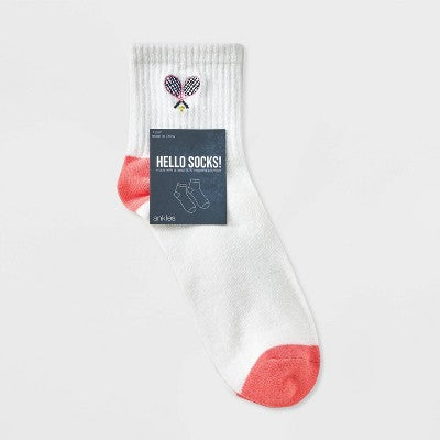 Women's Embroidered Tennis Ribbed Ankle Socks - Ivory/Peach 4-10: Recycled Polyester, Banded Cuff, Shapes Pattern