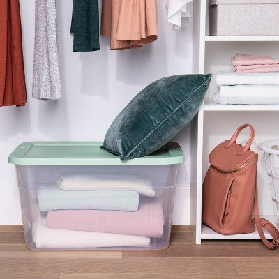 56qt Storage Box clear with Green or Gray Lids - Room Essentials: Plastic, Lidded, Stackable, Portable, Snap Closure (LOCAL PICKUP ONLY)