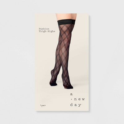 Women's Triple Bias Plaid Thigh Highs - A New Day Black S/M