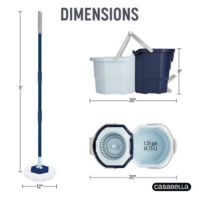 Casabella Clean Water Spin Mop with Extra Refill: Portable Microfiber Floor Cleaning Tool for Multi-Surface Use