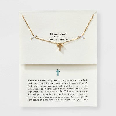 Silver Plated Gold Dipped Micro Pave Cubic Zirconia Cross Pendant Necklace - Gold