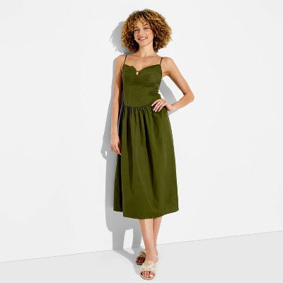 Women's Keyhole Poplin Midi Dress - Wild Fable Green XS