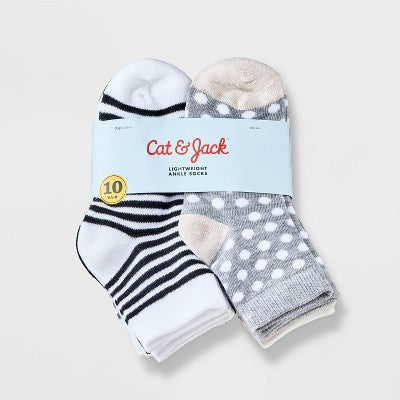 Girls' 10pk Lightweight Ankle Striped & Dotted Socks - Cat & Jack Gray S: Recycled Polyester, Banded Cuff