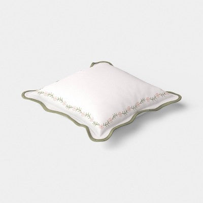 18''x18'' Woven Pillow with Embroidery and Scallop Ivory and Green - Threshold