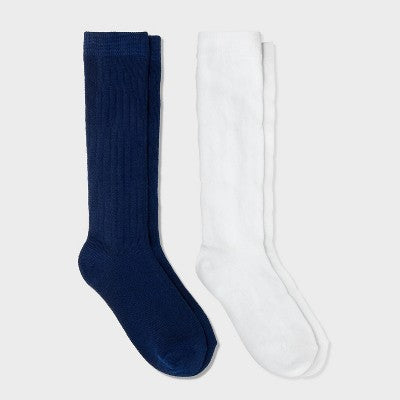 Girls' 2pk Knee High Socks - Cat & Jack Navy Blue/White S