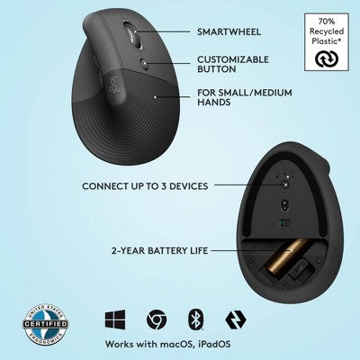 Logitech Lift Bluetooth Mouse - Black: Ergonomic Wireless Computer Accessory
