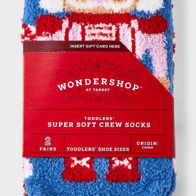 Toddler 2pk Candy Nutcracker Christmas Cozy Socks with Gift Card Holder - Wondershop Blue 2T-3T