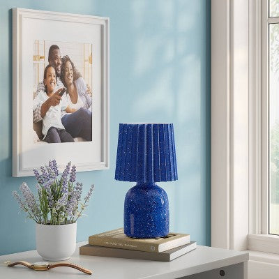Mini Printed Ceramic Base Table Lamp with Printed Pleated Shade Candid Cobalt - Room Essentials